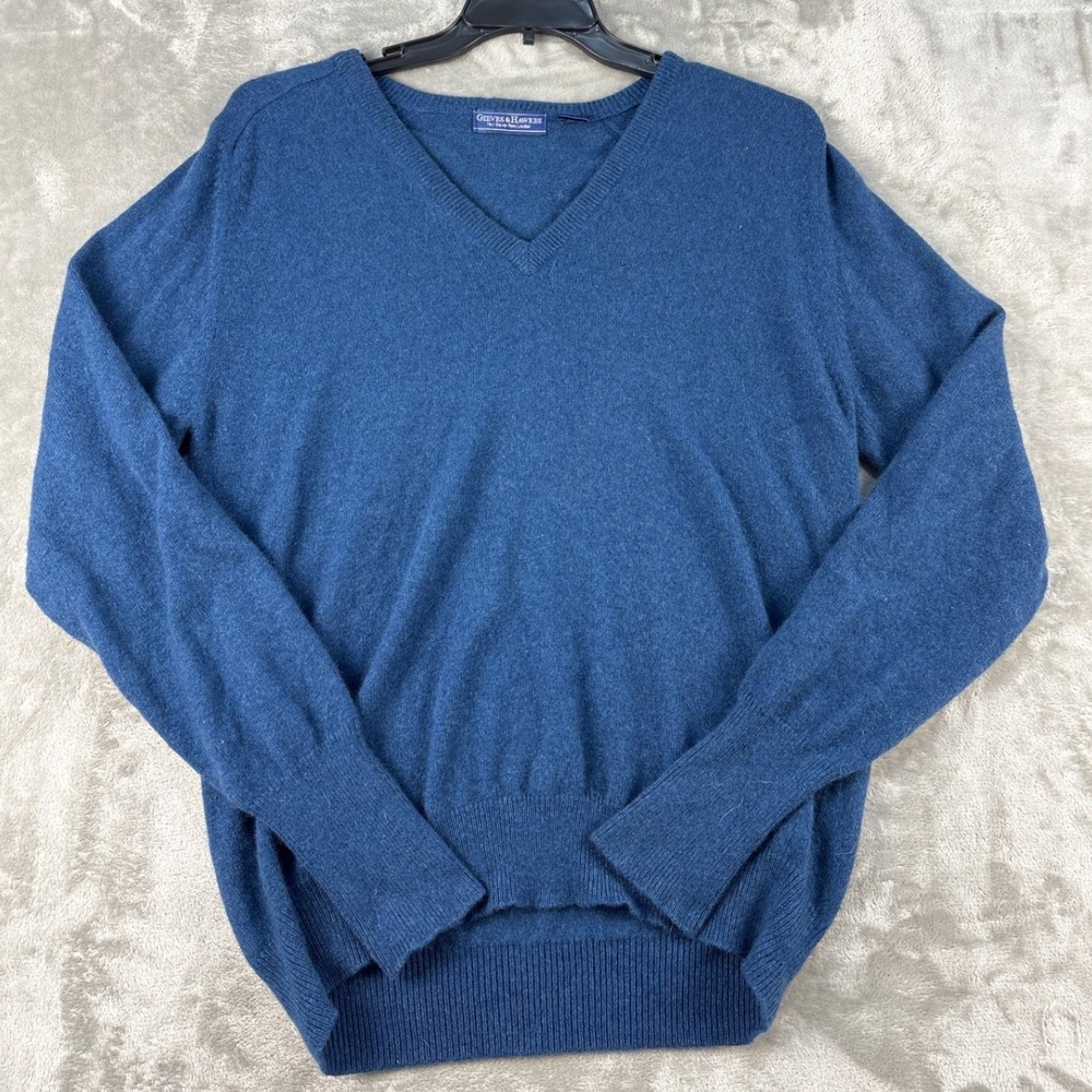 Gieves & Hawkes Cashmere Sweater Mens M V-Neck Blue Pullover EUC